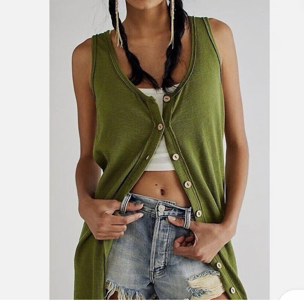 Free People Olive Green Vest Button-Down Sleeveless Duster Sz L